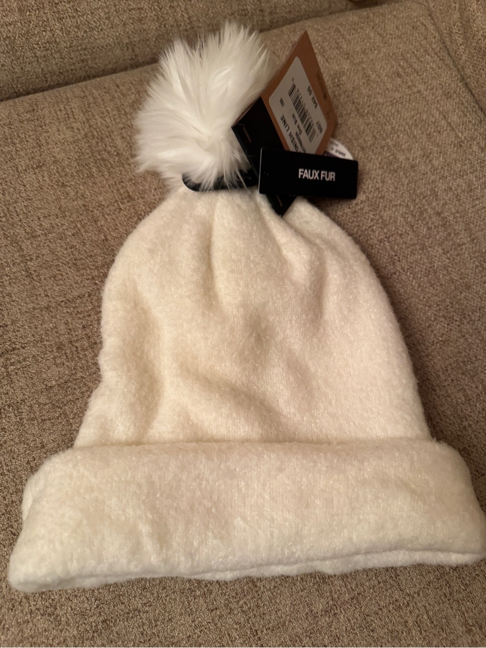 Women  Faux Fur Pom Pom Beanie - Cream New with Tags